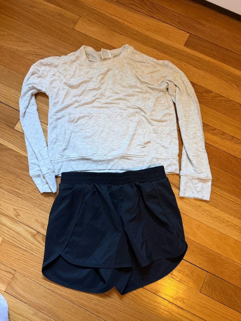 Gray Long Sleeve Top with Black Athletic Shorts set